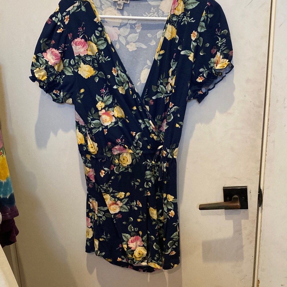 Floral V-Neck Wrap Dress - Navy